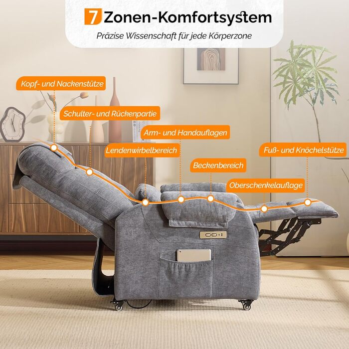 Крісло Bonnlo Recliner, електричне масажне крісло з функцією відкидання, крісло для телевізора, 2-точковий масаж та функція підігріву, порти USB-C та USB-A, 1 бічна кишеня (тканина шеніл, темно-сірий)