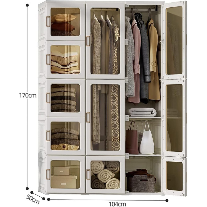 Шафа Dripex, шафа 104 x 170 x 50 см (Ш x В x Г), легке складання, складна багатофункціональна шафа з рейкою для вішалок, магнітні двері, для спальні-вітальні, білий колір, 11 дверей з 2 рейками для вішалок