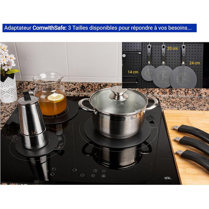 Індукційний адаптер ComwithSafe 20 см, знімна ізоляційна ручка, не змінює колір після використання, теплорозподільна пластина з чорним високотемпературним покриттям, диск індукційного/газового реле