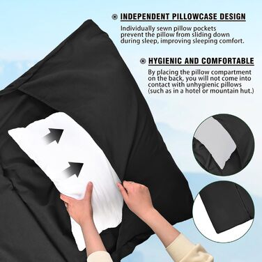 Бавовняна підкладка для спального мішка, надлегкий дорожній спальний мішок, дорожній спальний мішок із двосторонньою блискавкою, підкладка для спального мішка з мікрофібри з кишенею для подушки для кемпінгу та походів, чорний