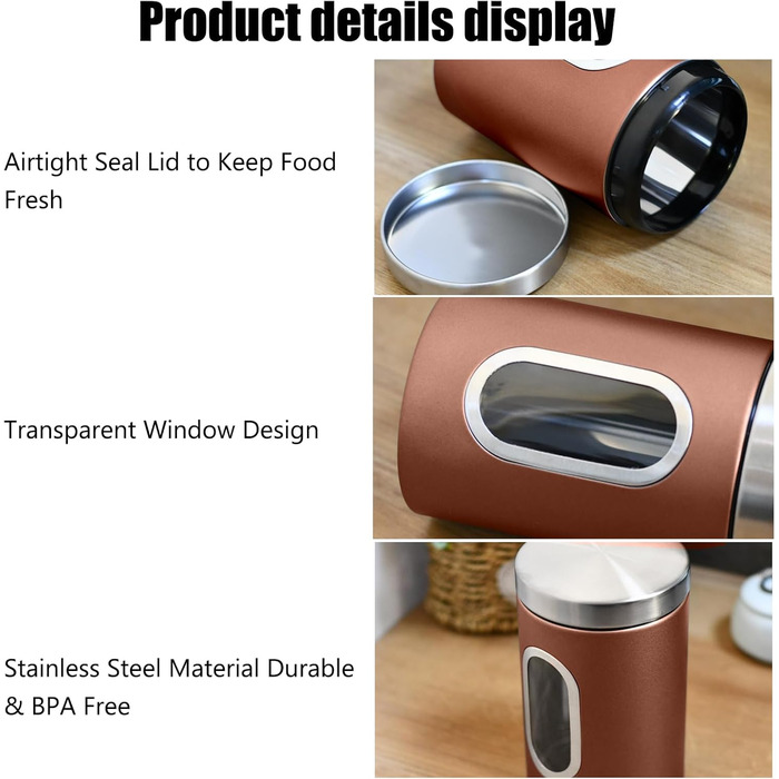 Набір кухонних банок з 3 предметів, харчові контейнери з нержавіючої сталі, органайзер з прозорим віконцем, кухонна стільниця, контейнери для зберігання кави, чаю, горіхів, борошна, цукру (коричневі)
