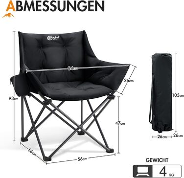 Крісло для кемпінгу Portal, складне, суперм&39яке, вантажопідйомність 150 кг, складне рибальське крісло XXL, товсто оббите з підлокітниками, м&39яке вуличне крісло, чорне