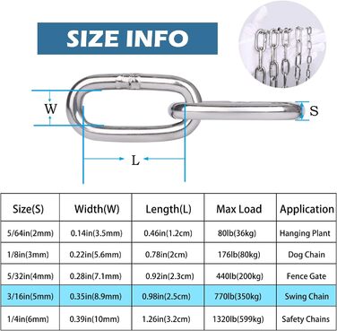 Подовжувач ланцюга Hannger з нержавіючої сталі - 5 м 3 мм Металеві підвісні котушки безпеки Міцний ланцюг до 80 кг Завантажуваний для тіньових вітрил Прикраса огорожі Намисто для собак Орнамент ліхтаря Повітряна йога (0,6 метра 2 шт. и, Ø 5мм)