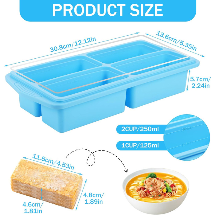 Силіконові контейнери для заморозки з кришками, контейнери для зберігання супів, соусів та готових страв, 1 склянка/250 мл, небесно-блакитний (2, квадратні) 2 квадратні, 2