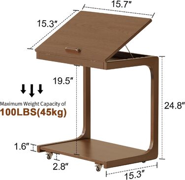 Дерев&39яний журнальний столик, диванний столик на колесах, С-подібна форма, мобільний журнальний столик, 60Ш x 40Г x 63В см, журнальний столик для вітальні для кави та ноутбука (горіхово-коричневий) Горіхово-коричневий 60Ш x 40Г x 63В см