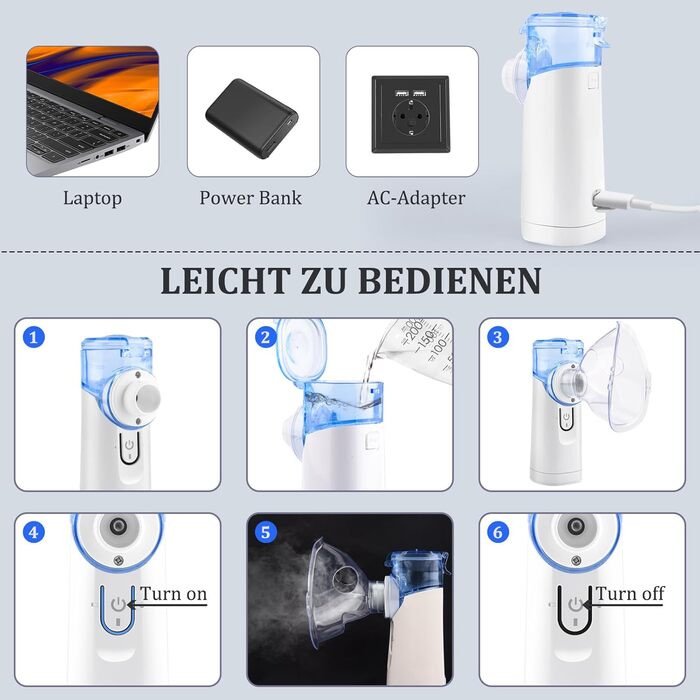 Інгалятор,Портативний небулайзер з інгалятором,Малошумний інгалятор з мундштуком,Інгалятор небулайзер для дітей та дорослих,Інгалятор з мундштуком,USB перезаряджається Синій