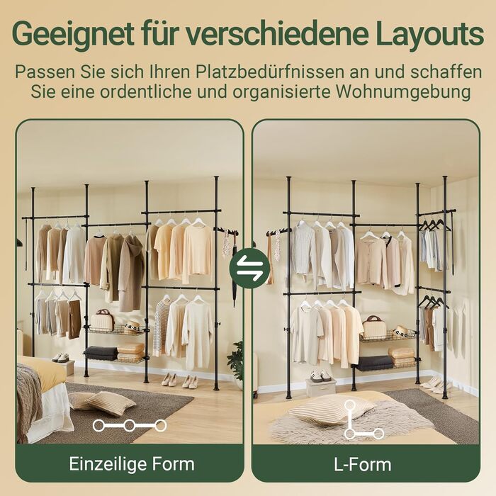 Телескопічна вішалка для одягу SoBuy, міцна вішалка для одягу, регульована відкрита шафа з кошиками для зберігання для спальні, вішалка для одягу, чорна KLS04-II-SCH