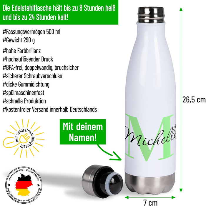 Персоналізована пляшка для води з нержавіючої сталі з іменем та ініціалами термопляшка об&39ємом 500 мл Подарунки для жінок, чоловіків, дітей, днів народження, школи, роботи (лист)