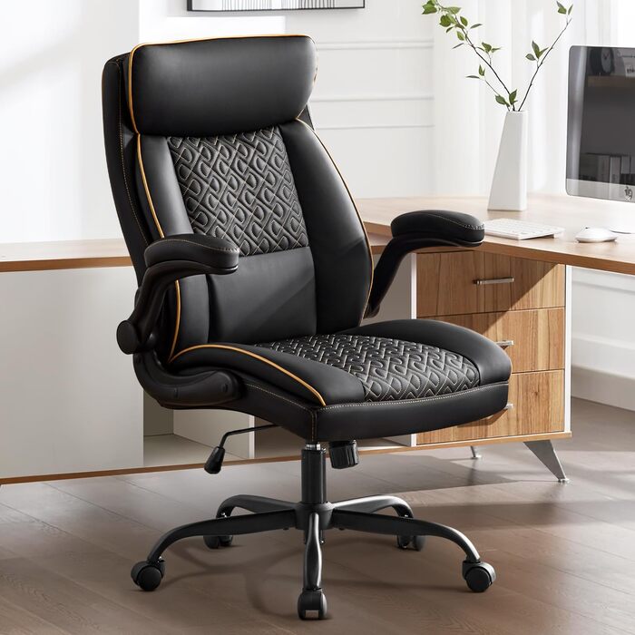 Офісне крісло для керівника Hellove, вантажопідйомність 185 кг, ергономічне робоче крісло зі штучної шкіри з регульованою спинкою та складними підлокітниками, обертове крісло з підголівником, комп&39ютерне крісло, крісло для домашнього офісу, чорне