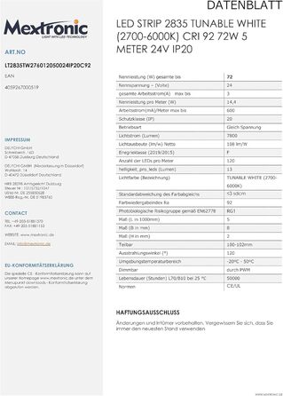 Стрічка 2835 НАЛАШТОВУВАНА БІЛА (2700-6000K) CRI 92 72W 5 метр 24V IP20