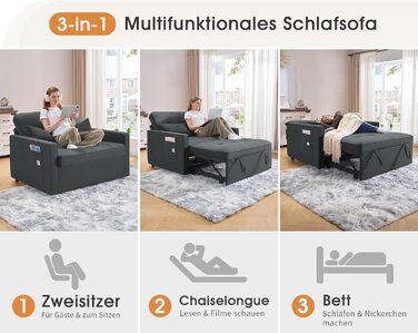 Диван-ліжко 186 x 122 см з 5-позиційним регулюванням спинки, диван-ліжко 3-в-1 з подушками та бічною кишенею, сірий лляний диван для гостьових кімнат та невеликих приміщень
