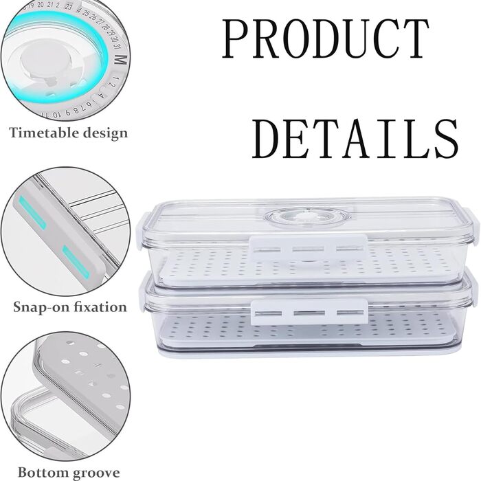 Ящик для зберігання сиру та ковбаси для холодильника, комплект з 2 шт. прозорий герметичний ящик для делікатесів з таймером та вставкою для зливу, ідеально підходить для зберігання сиру та ковбаси.