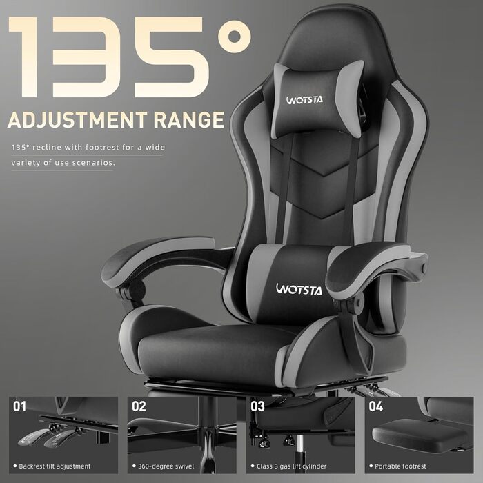 Ігрове крісло Комп&39ютерне крісло Ергономічне ігрове крісло з підставкою для ніг Офісне крісло Ергономічне комп&39ютерне крісло з поперековою опорою (BLKGY) Blackgery