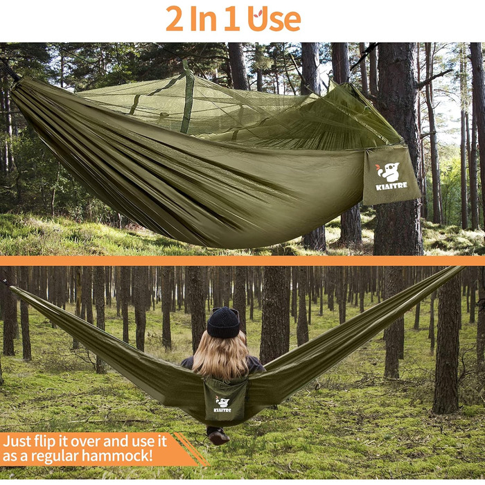 Гамак для вулиці з москітною сіткою - 260 x 130 см Легкий нейлон для походів, кемпінгу, піших прогулянок та пляжних пригод - вантажопідйомність 200 кг Зелений