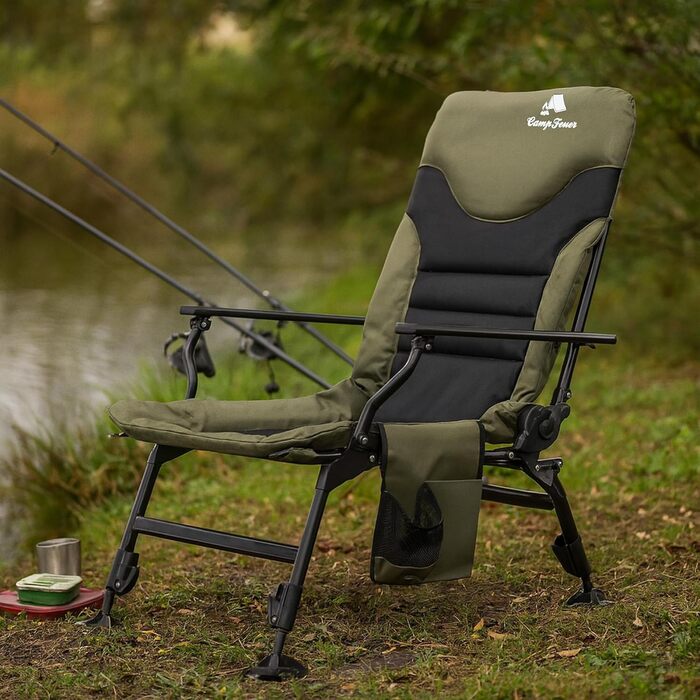 Рибальське крісло CampFeuer кольору моху та зеленого/чорного Кемпінгове крісло з регульованою висотою Складане коропове крісло Вуличне туристичне крісло для кемпінгу, риболовлі в наметі Складане рибальське крісло, коропове крісло, рибальське ліжко