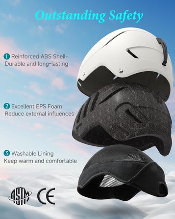 Лижний шолом, лижні шоломи для чоловіків, жінок та дітей, регульовані розміри, теплі пухнасті амбушури, шолом для сноуборду, легкий лижний шолом з регульованою системою вентиляції, сумісний з лижними окулярами, колір яєчної шкаралупи, розмір M