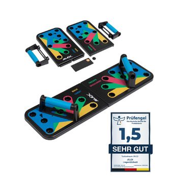 Дошка для віджимань від грудей JELEX Tornado, багатофункціональна фітнес-дошка, 64 см x 19 см, включаючи 10-тижневий план тренувань із суперсетами/посібник тренера (ABS-пластик) з протиковзкими накладками