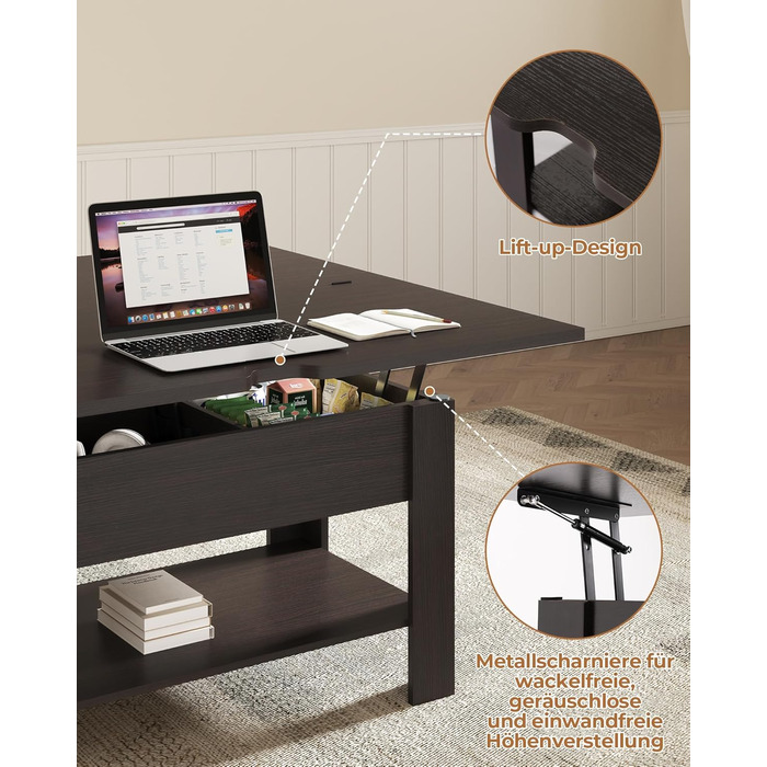 Журнальний столик з регульованою висотою, багатофункціональний стіл для вітальні 3-в-1, журнальний столик, приховане місце для зберігання, відкрите відділення, можна використовувати як обідній стіл, для вітальні, офісу, чорно-коричневий