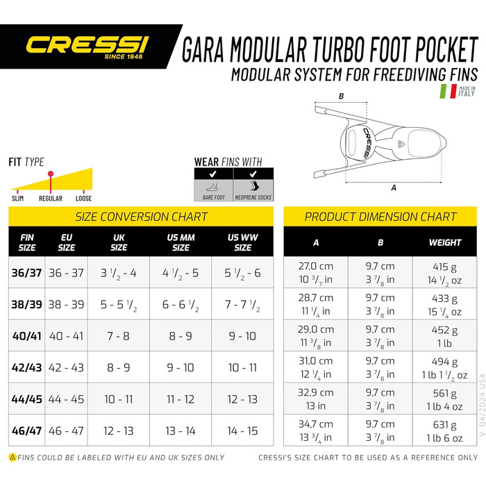 Ласти CRESSI Gara Turbo Flex легкі, чутливі унісекс ласти з модульною системою Gara та змінними лопатями для дайвінгу, фрідайвінгу, підводного полювання та сноркелінгу. Розмір 42/43