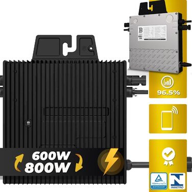 Двофазна балконна електростанція SUNNIVA 2000 Вт, повністю чорна, з розеткою, інвертор BENY 800 Вт, фотоелектрична сонячна система, 4 сонячні модулі зі скла по 500 Вт, вкл. кабель 5 м, Wi-Fi, повний комплект