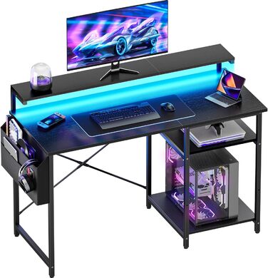 Письмовий стіл, комп&39ютерний стіл зі світлодіодним підсвічуванням та підставкою для монітора, ПК-стіл з 2 полицями та сумкою для зберігання для кабінету та спальні, 100 x 48 x 74 см, міцний металевий каркас, чорний.