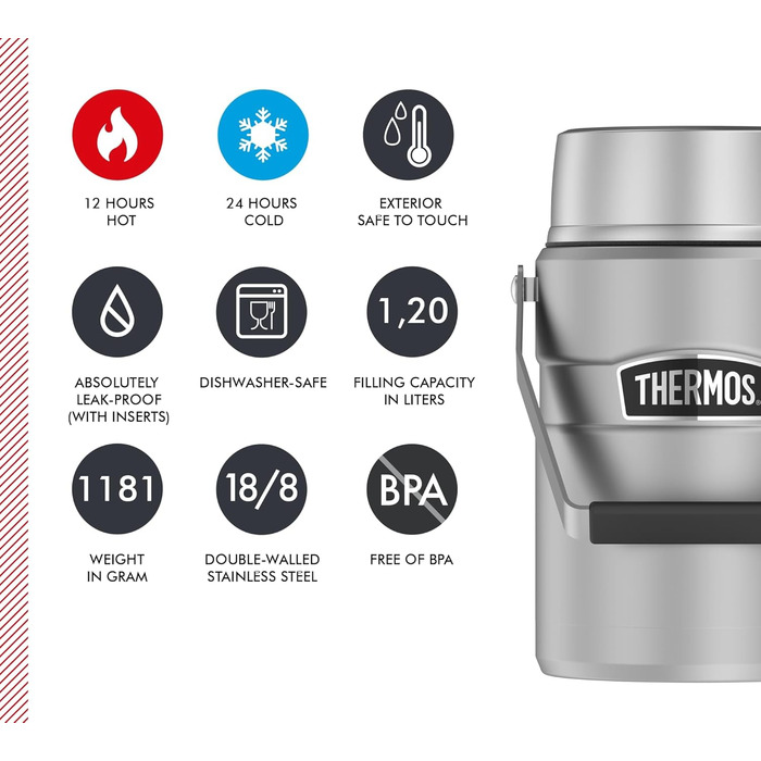 Термос STAINLESS KING для їжі сріблястий 1,2 л нержавіюча сталь, абсолютно герметичний, зберігає їжу гарячою до 12 годин та холодною до 24 годин, з 2 універсальними вкладишами, без BPA. Нержавіюча сталь, 1,2 л