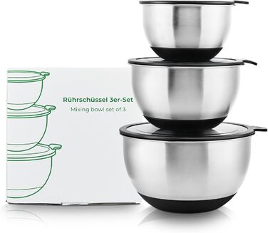 Набір мисок з нержавіючої сталі з 3 шт. з кришкою (1,5 л, 3 л, 5 л) Штабельовані та нековзні Набір мисок з кришкою Миски з нержавіючої сталі Миска для змішування, салатниця, миска для випічки