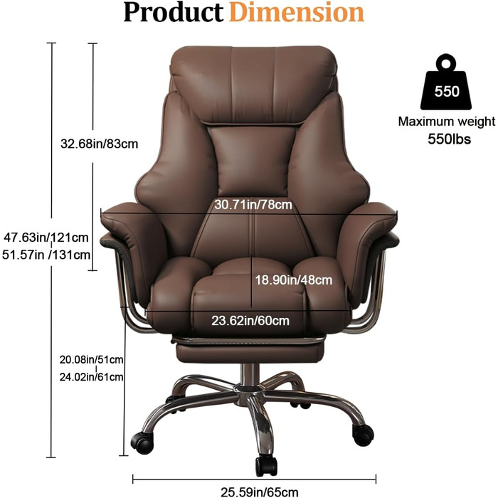 Офісне крісло з підставкою для ніг та поперековою опорою Ергономічне ігрове крісло з регульованим по висоті підголівником та регульованою спинкою, обертове крісло з високою спинкою зі штучної шкіри для домашнього офісу (коричневе)