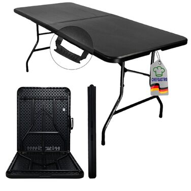 Складаний фуршетний стіл 180x75 см, водонепроникний садовий стіл з ручкою для перенесення, 8 осіб, пластиковий чорний, складаний стіл, портативний кемпінговий стіл на відкритому повітрі для саду, тераси, балкону, вечірки, фуршетний стіл, гладкий чорний