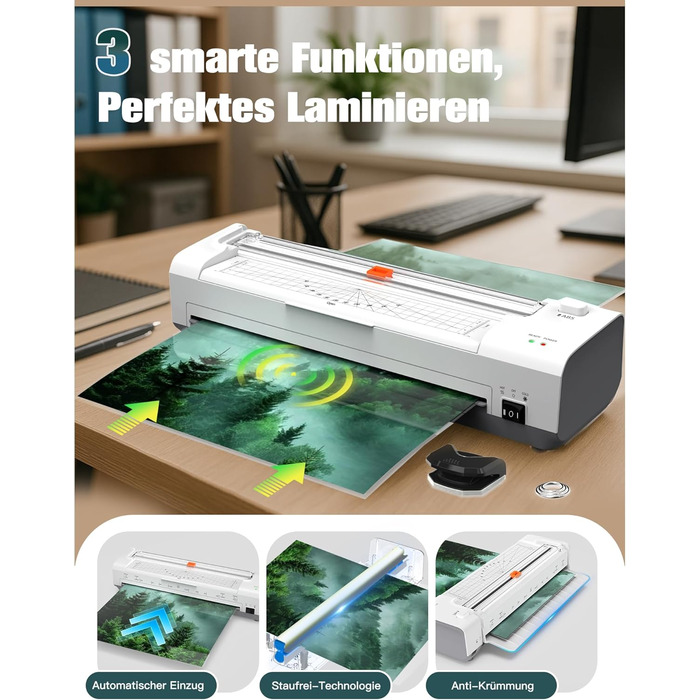Дюймовий ламінатор A3 з автоматичною подачею паперу, гаряче та холодне ламінування A3, 20 пакетів для ламінування, комплект 10-в-1 з різаком, тримером та закруглювачем кутів для офісу, школи та дому, білий ламінатор A3, білий, 13-