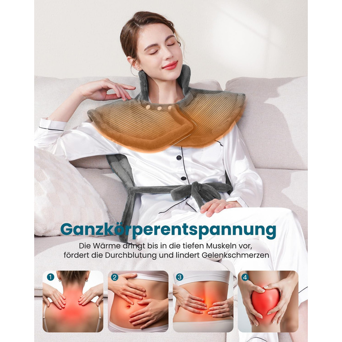 Обтяжена нагрівальна ковдра KNQZE, грілка з 10 рівнями нагріву, 4 таймери для спини, плечей та шиї, мийна нагрівальна подушка від болю в спині та шиї, подарунок на день народження для жінок (сіра)