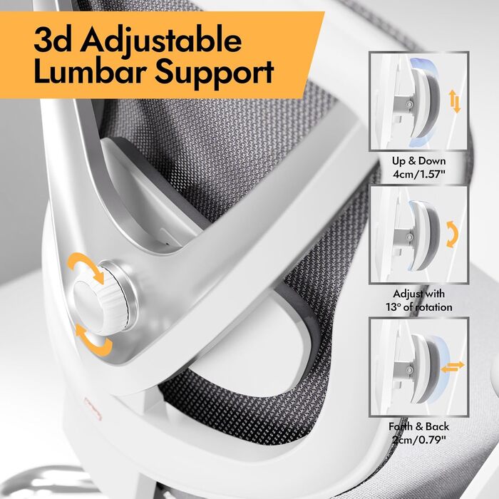 Ергономічне офісне крісло з 3D-підтримкою попереку та 3D-регульованими підлокітниками V-подібна спинка, зручне крісло для офісу та дому, білий колір