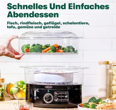Дворівнева пароварка BELLA зі штабельованими кошиками та знімною основою для швидкого одночасного приготування їжі автоматичне вимкнення та захист від википання, 7 л, чорна дворівнева пароварка чорна