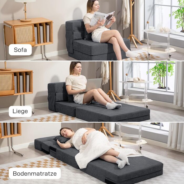 Крісло-ліжко HOMCOM 3-в-1, розкладний диван-ліжко з регульованою спинкою, подушка, гостьове ліжко з фланелевим ефектом, розкладне крісло для вітальні/спальні, 80 x 80 x 64 см, темно-сірий, темно-сіра тканина з фланелевим ефектом