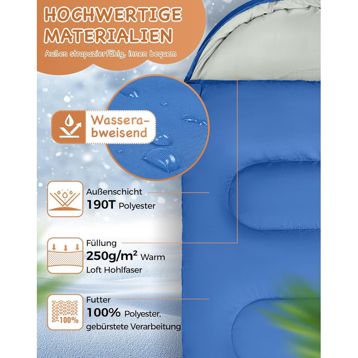 Дитячий спальний мішок KingCamp, 3-сезонний спальний мішок-ковдра для дітей 100-140 см, легкий і теплий для кемпінгу та походів з сумкою для перенесення, синій, L