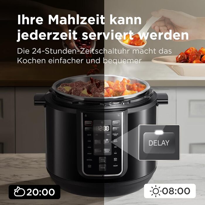 Електрична скороварка Midea 9-в-1, 12 попередніх налаштувань Миттєва мультиварка Каструля з антипригарним покриттям Йогуртоварка Рисоварка Повільна плита Пароварка Соте Пароварка Внутрішня каструля з нержавіючої сталі, 8 літрів Чорний