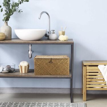 Кошик для зберігання морської трави IGNPION з кришкою, плетений настільний кошик з лози, прямокутний органайзер для зберігання у ванній кімнаті, декоративний кошик під полицею для вітальні, багатоцільовий кошик для зберігання (XL, 40x28x19 см, карамельний