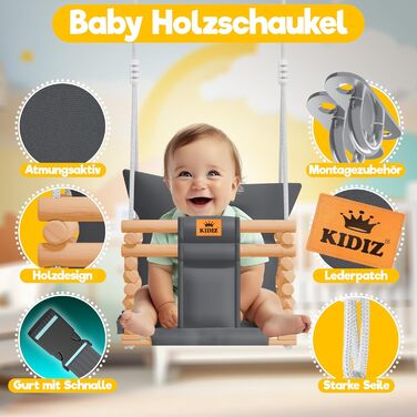 Дитячі гойдалки Дитячі гойдалки Сидіння гойдалки з м'якою оббивкою Дерев'яні гойдалки з захистом від перекидання до 60 кг Регульов