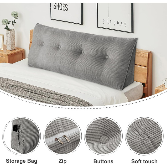 Подушка для читання Supfine для ліжка, подушка для дивана, трикутна клиноподібна подушка, кутова поперекова подушка, позиціонуюча підтримка, з чохлом, що прається (сіра, 140 x 50 x 20 см) сіра 140*50*20 см