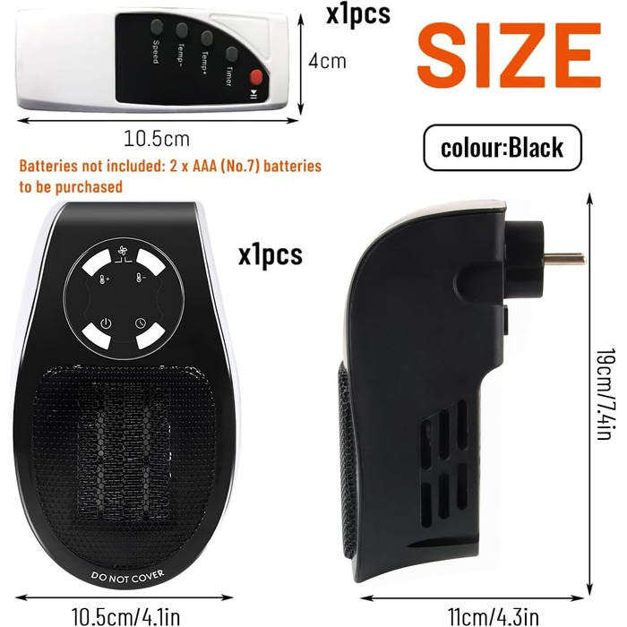 Керамічний вентилятор Hillylolly потужністю 500 Вт, вентилятор-обігрівач, що підключається до мережі, міні-вентилятор-обігрівач, настінний електричний обігрівач, енергозберігаючий та тихий вентилятор-обігрівач для ванних кімнат та кімнат (чорний)