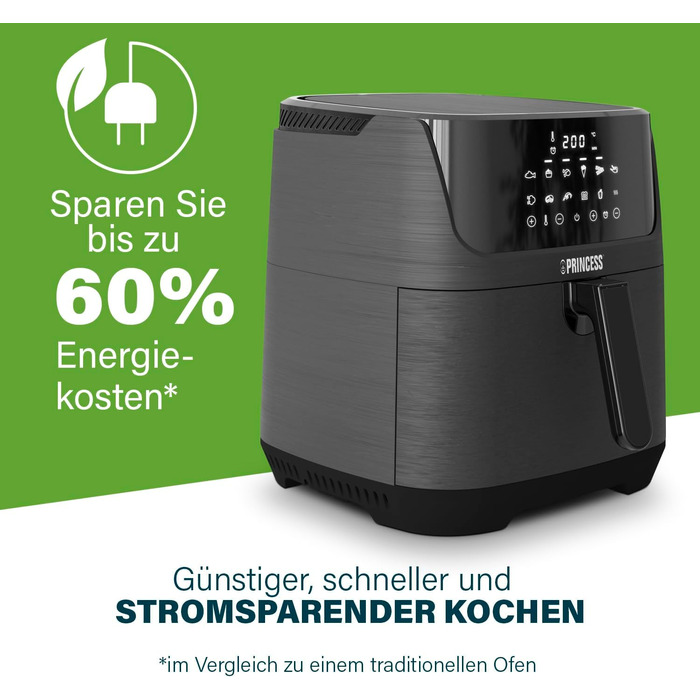 Цифрова фритюрниця Princess 6.5 л зі знімним роздільником На 60 відсотків менше споживання енергії Цифровий сенсорний екран 12 програм Без масла Чорний 182061 6.5 л