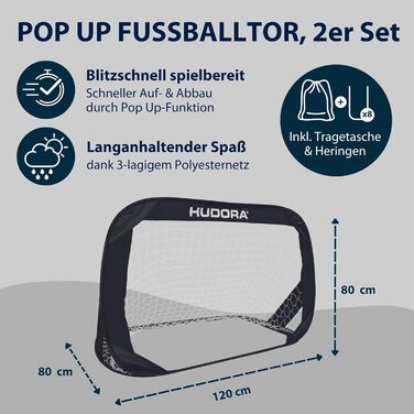 Футбольні ворота HUDORA Pop-Up, 2 шт. - Складані футбольні ворота для дітей та дорослих - Набір садових футбольних воріт із сумкою для перенесення та кілками - Футбольні ворота для саду/парку та пляжу, чорні