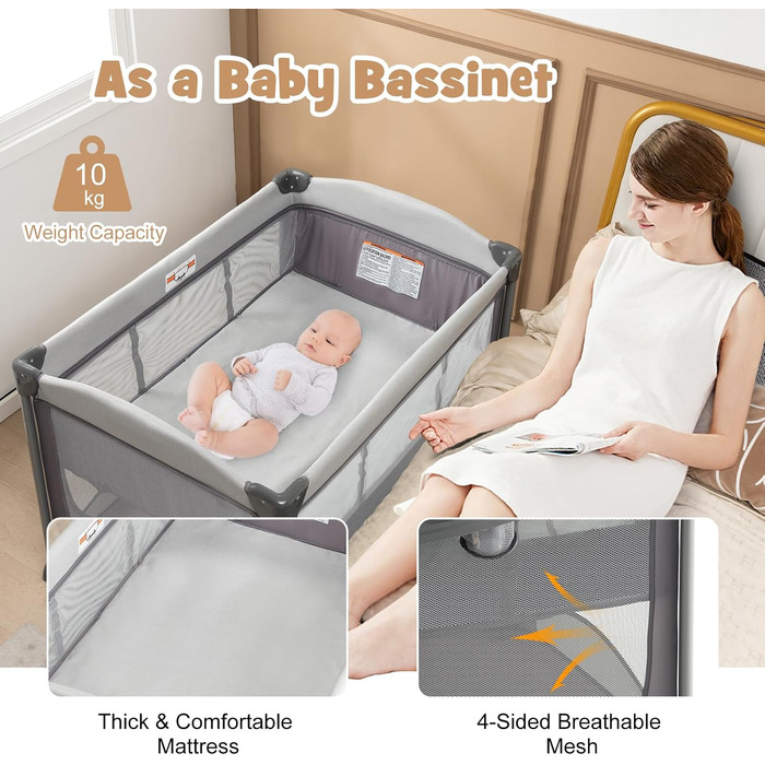 Дорожнє ліжечко GOPLUS 5-в-1 з пеленальний килимок, потовщений матрац, складне дитяче ліжечко з повітряними боковими стінками, колеса, сумка для перенесення, дитяча колиска з навісом, манеж для немовлят 0-36 місяців (сірий)