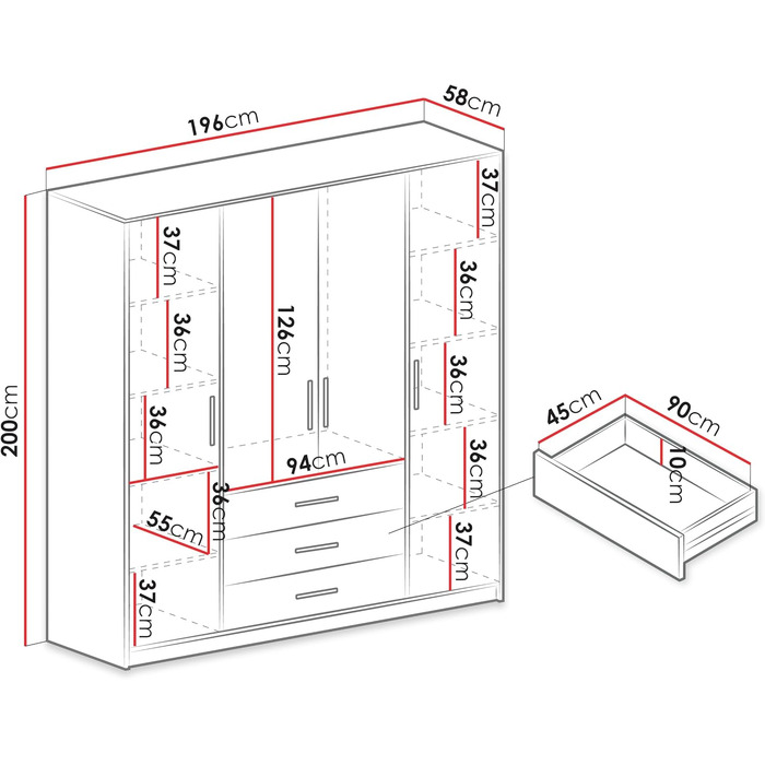 Шафа з орними дверима Bado 4D, шафа з дзеркалом, шухлядами та дзеркальними дверима, елегантна шафа для спальні, молодіжна кімната (графіт)