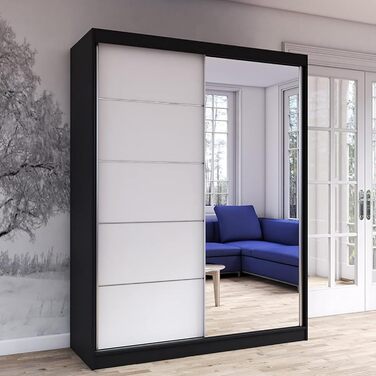 Шафа з дзеркалом, розсувні двері - Шафа з розсувними дверима, шафа для спальні - 61 x 150 x 200 см - Шафа для спальні, гардеробної, шафа - чорний, білий