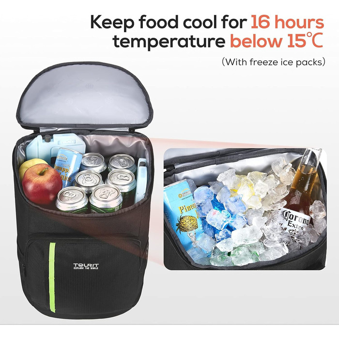 Рюкзак-холодильник TOURIT, легкий рюкзак, 28 л з відкривачкою для пляшок, вміщує 30 банок, чорний