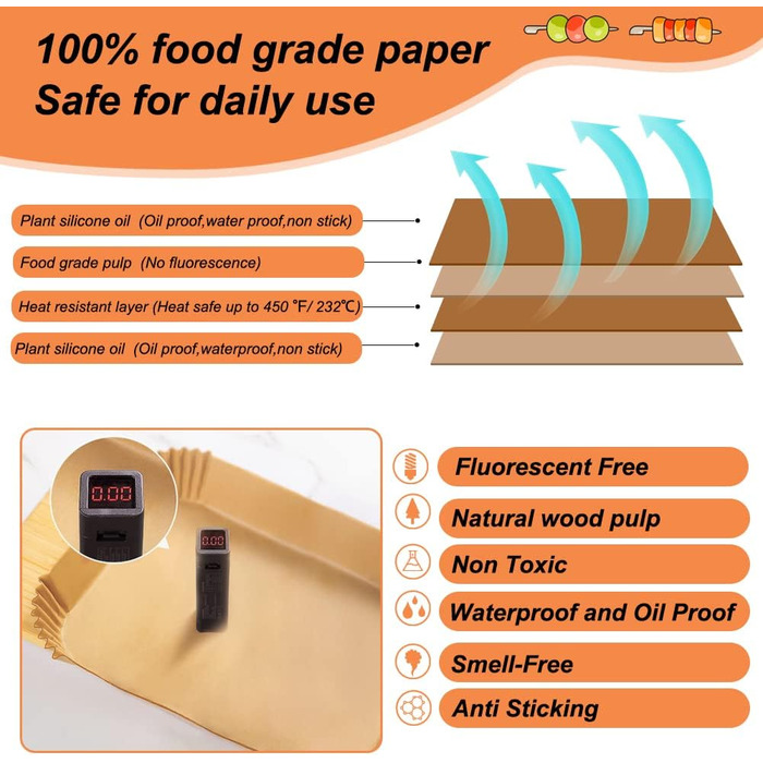 Папір для випічки аерофритюрниці, 150 шт. Папір для випічки у фритюрниці для AF300EU.AF400EU, аксесуари для фритюрниці Папір для фритюрниці для двозонної фритюрниці 20 см x 13,5 см x 4,5 см