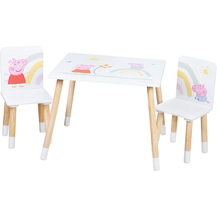 Дитячий комплект крісел roba Свинка Пеппа - 2 дитячі стільці та 1 дитячий столик - Комплект сидінь з рожевим мультяшним мотивом - Дерево Біле / Натуральний - від 18 місяців