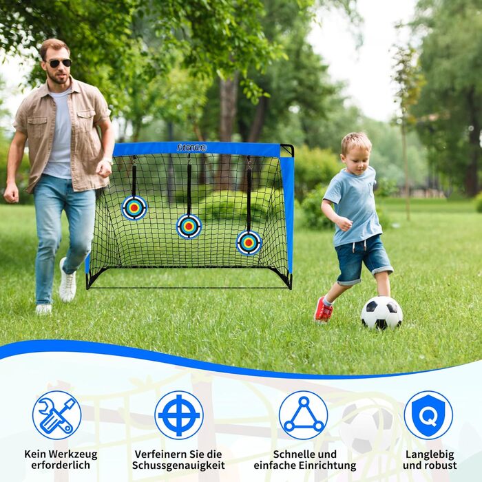 Футбольні ворота, стіна-мішень для дітей, вуличні футбольні ворота для дітей зі стіною-мішенню, висувні ворота 3-в-1 з 5 лунками для стрільби та сумкою для перенесення, кілки для землі, 3 мішені та 6 перешкод, сині
