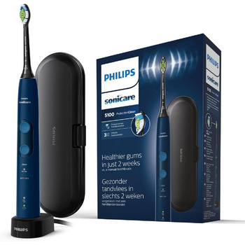 Електрична зубна щітка Philips Sonicare ProtectiveClean 5100, звукова зубна щітка з 3 режимами чищення, чистота, біле волосся та догляд за яснами, датчик тиску, таймер і дорожній кейс, синій, модель HX6851/53 одинарна